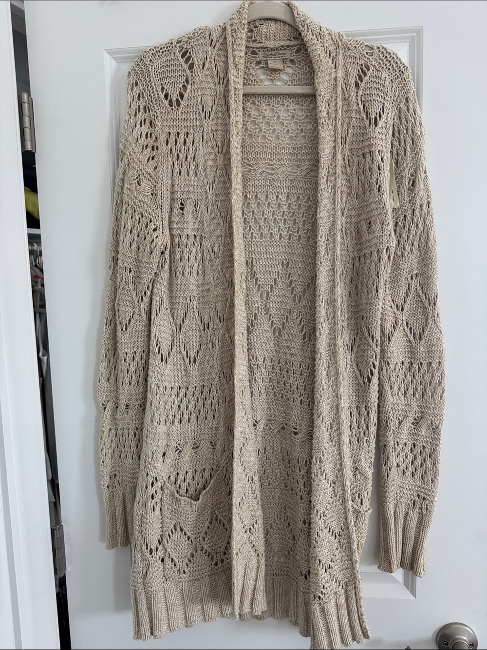 Lucky Brand Open-Knit Shawl Collar Cardigan in Light Beige
